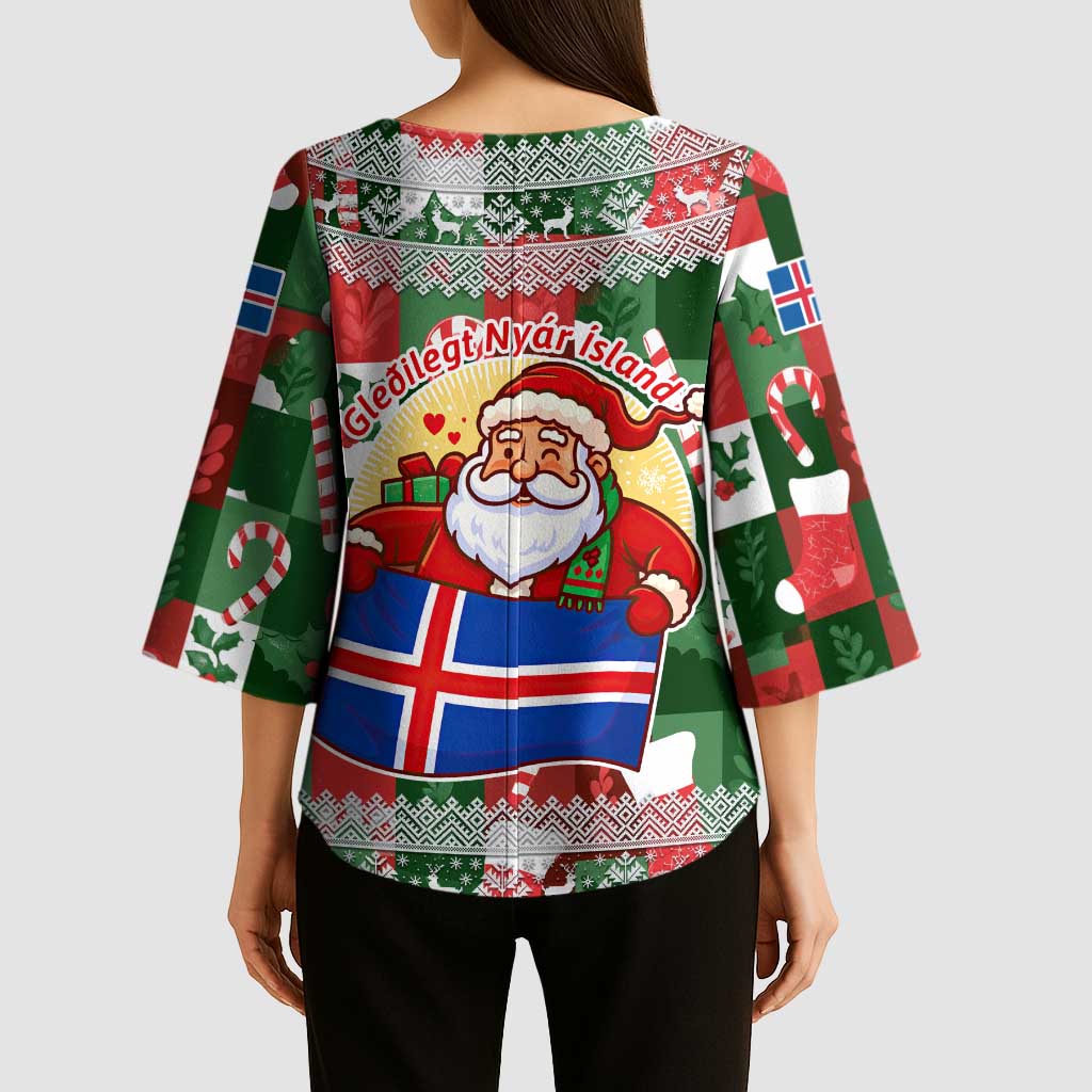 Iceland Christmas Kimono Sleeve Blouse with Green & Red Candy Cane Pattern Santa Claus and National Flag Motif - Wonder Print Shop