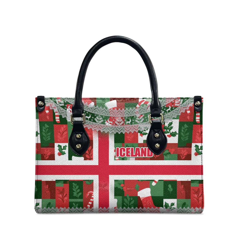 Iceland Christmas Leather Bag with Green & Red Candy Cane Pattern Santa Claus and National Flag Motif - Wonder Print Shop
