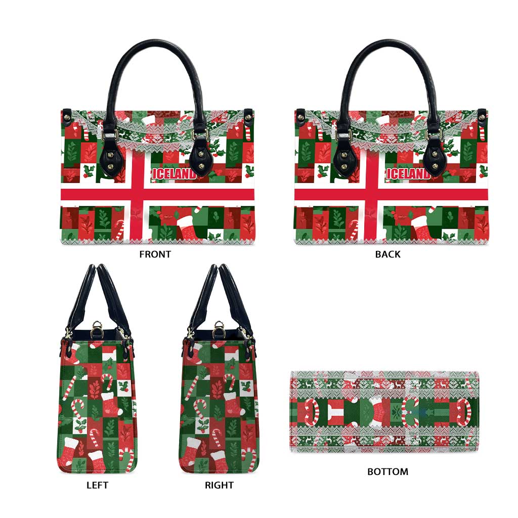Iceland Christmas Leather Bag with Green & Red Candy Cane Pattern Santa Claus and National Flag Motif - Wonder Print Shop