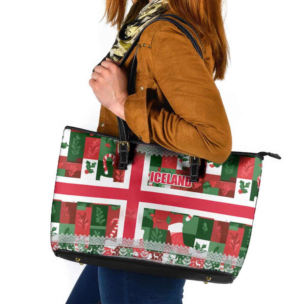 Iceland Christmas Leather Tote Bag with Green & Red Candy Cane Pattern Santa Claus and National Flag Motif - Wonder Print Shop