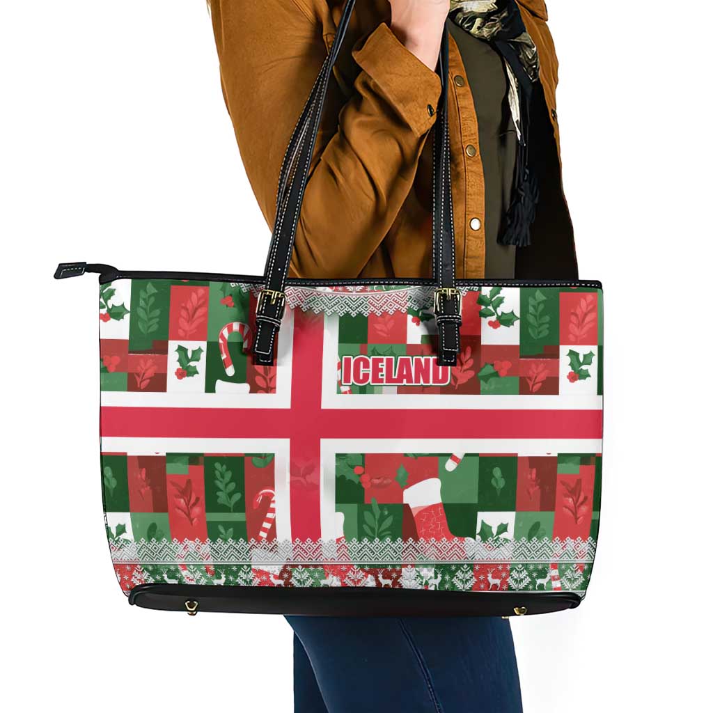 Iceland Christmas Leather Tote Bag with Green & Red Candy Cane Pattern Santa Claus and National Flag Motif - Wonder Print Shop