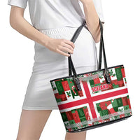 Iceland Christmas Leather Tote Bag with Green & Red Candy Cane Pattern Santa Claus and National Flag Motif - Wonder Print Shop
