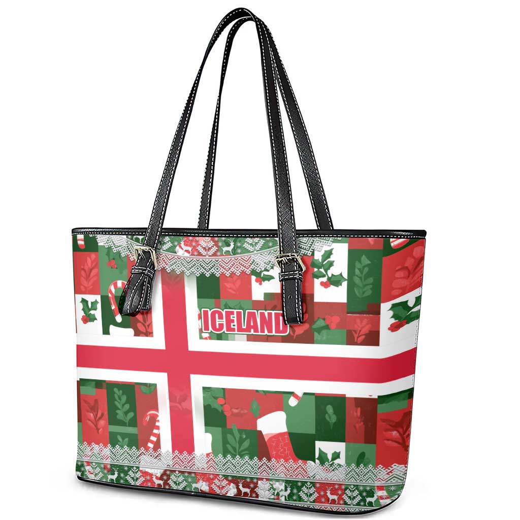 Iceland Christmas Leather Tote Bag with Green & Red Candy Cane Pattern Santa Claus and National Flag Motif - Wonder Print Shop