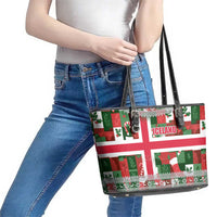 Iceland Christmas Leather Tote Bag with Green & Red Candy Cane Pattern Santa Claus and National Flag Motif - Wonder Print Shop