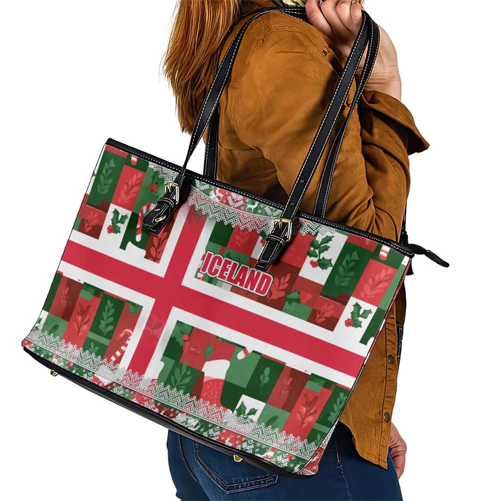 Iceland Christmas Leather Tote Bag with Green & Red Candy Cane Pattern Santa Claus and National Flag Motif - Wonder Print Shop