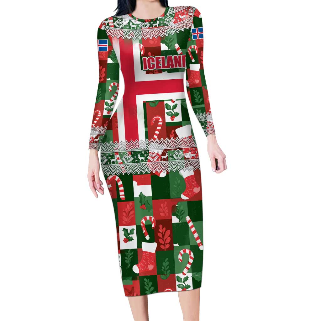 Iceland Christmas Long Sleeve Bodycon Dress with Green & Red Candy Cane Pattern Santa Claus and National Flag Motif - Wonder Print Shop