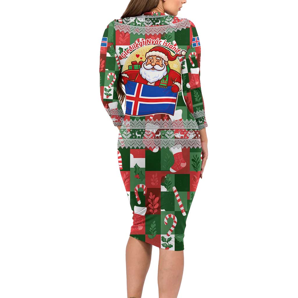 Iceland Christmas Long Sleeve Bodycon Dress with Green & Red Candy Cane Pattern Santa Claus and National Flag Motif - Wonder Print Shop