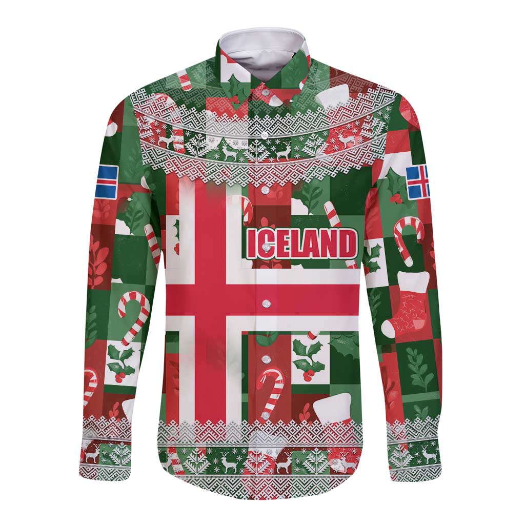 Iceland Christmas Long Sleeve Button Shirt with Green & Red Candy Cane Pattern Santa Claus and National Flag Motif - Wonder Print Shop