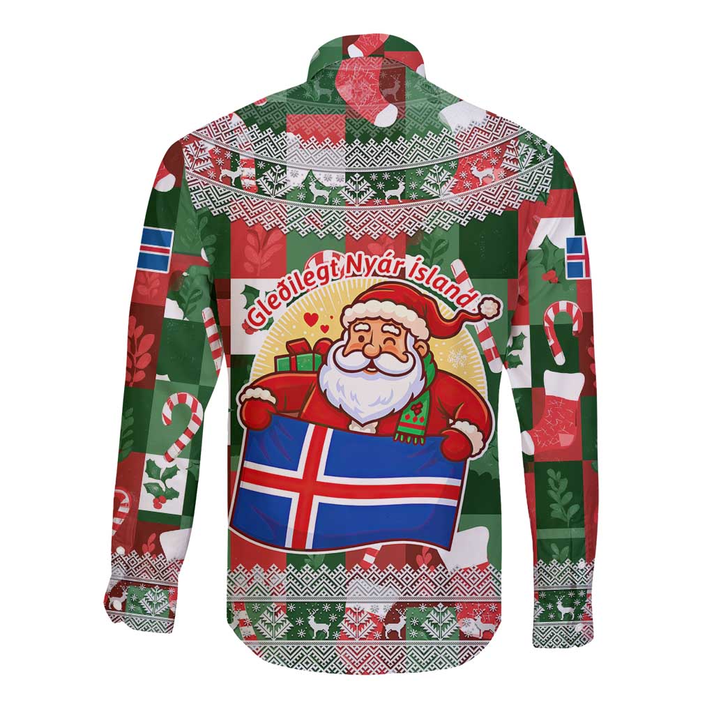 Iceland Christmas Long Sleeve Button Shirt with Green & Red Candy Cane Pattern Santa Claus and National Flag Motif - Wonder Print Shop