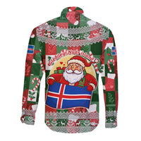 Iceland Christmas Long Sleeve Button Shirt with Green & Red Candy Cane Pattern Santa Claus and National Flag Motif - Wonder Print Shop