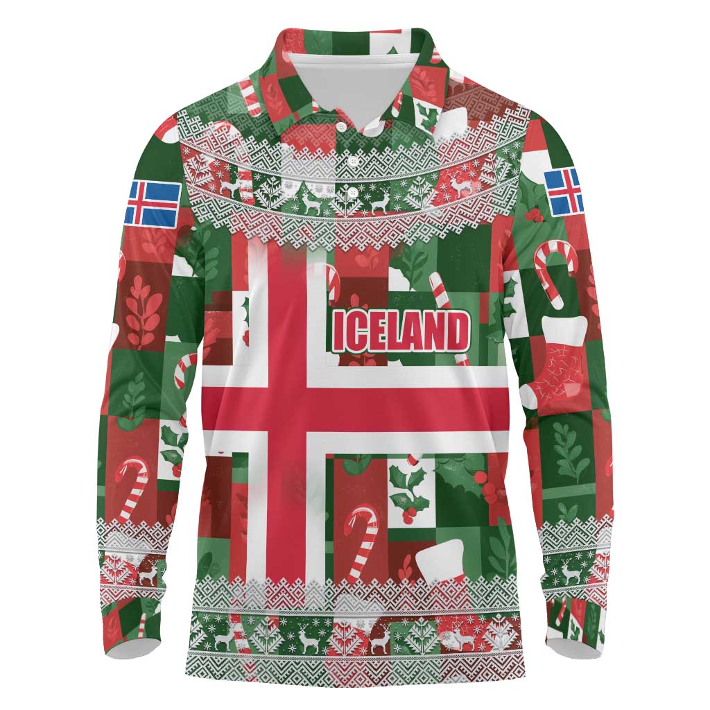 Iceland Christmas Long Sleeve Polo Shirt with Green & Red Candy Cane Pattern Santa Claus and National Flag Motif - Wonder Print Shop