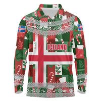 Iceland Christmas Long Sleeve Polo Shirt with Green & Red Candy Cane Pattern Santa Claus and National Flag Motif - Wonder Print Shop
