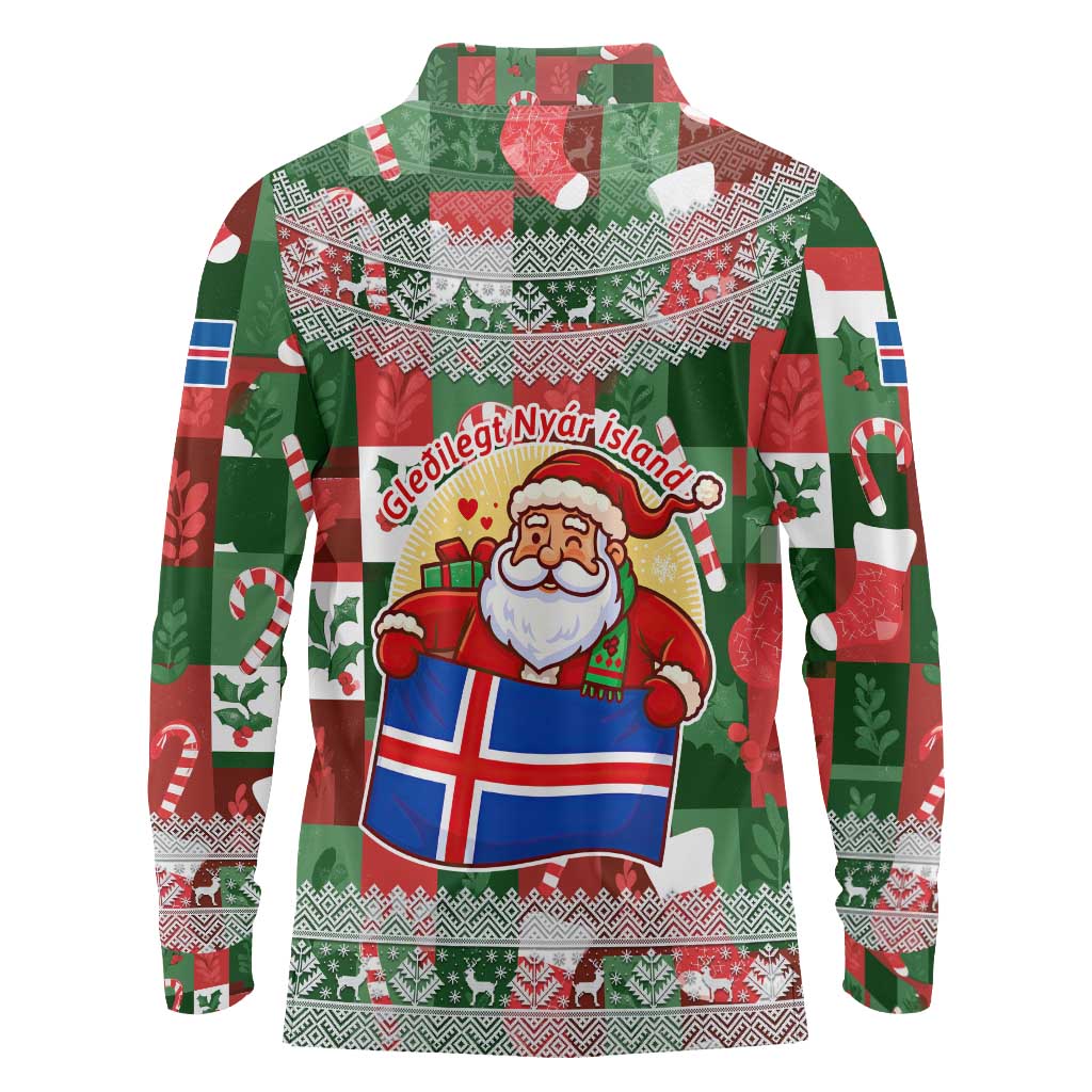 Iceland Christmas Long Sleeve Polo Shirt with Green & Red Candy Cane Pattern Santa Claus and National Flag Motif - Wonder Print Shop