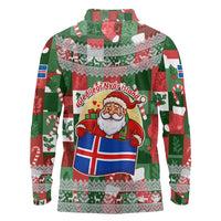 Iceland Christmas Long Sleeve Polo Shirt with Green & Red Candy Cane Pattern Santa Claus and National Flag Motif - Wonder Print Shop
