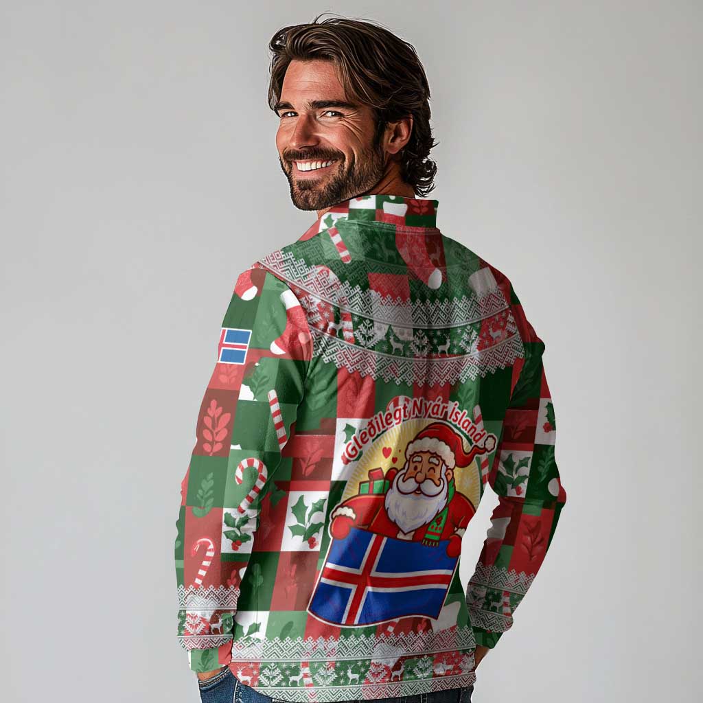 Iceland Christmas Long Sleeve Polo Shirt with Green & Red Candy Cane Pattern Santa Claus and National Flag Motif - Wonder Print Shop