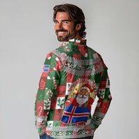 Iceland Christmas Long Sleeve Polo Shirt with Green & Red Candy Cane Pattern Santa Claus and National Flag Motif - Wonder Print Shop