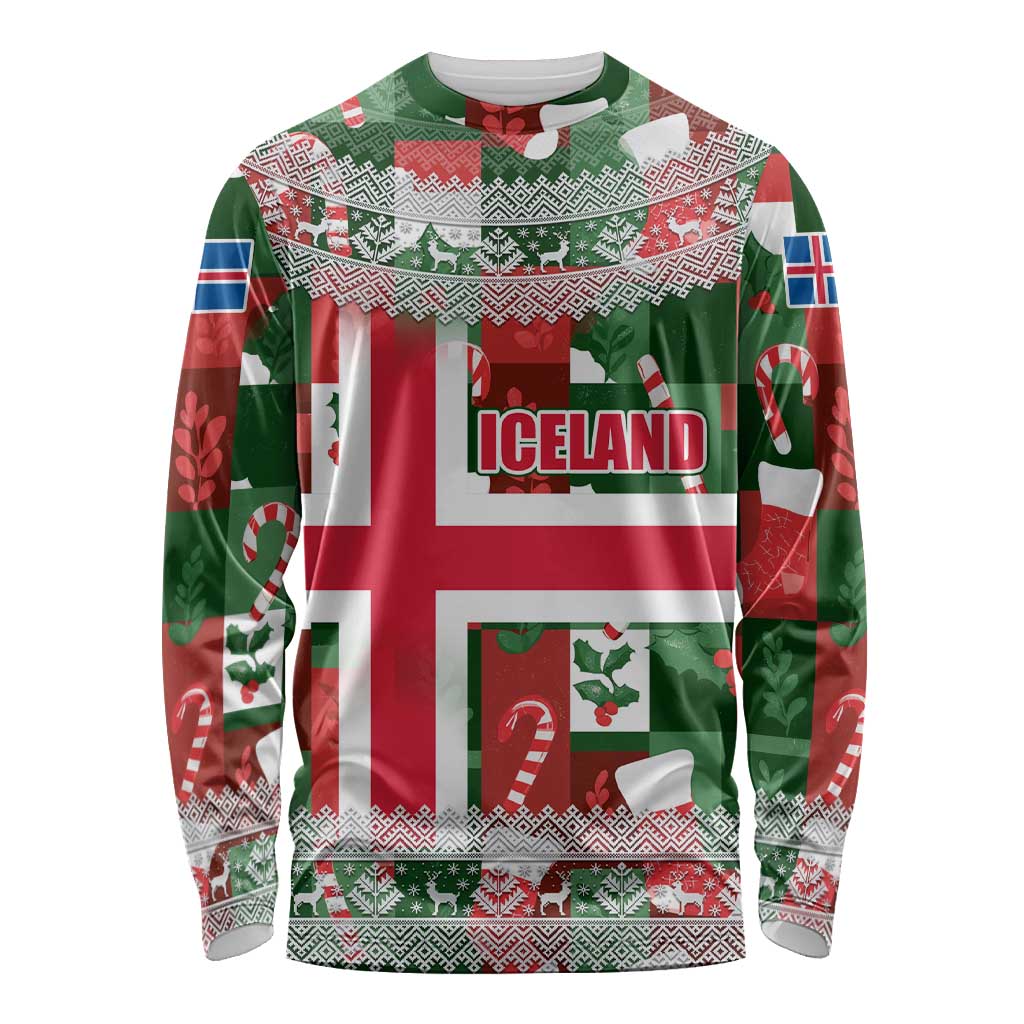 Iceland Christmas Long Sleeve Shirt with Green & Red Candy Cane Pattern Santa Claus and National Flag Motif - Wonder Print Shop
