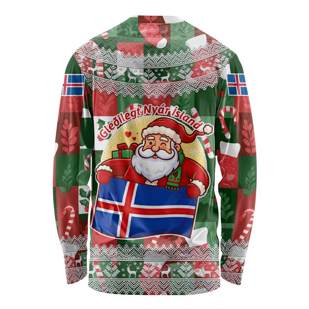 Iceland Christmas Long Sleeve Shirt with Green & Red Candy Cane Pattern Santa Claus and National Flag Motif - Wonder Print Shop