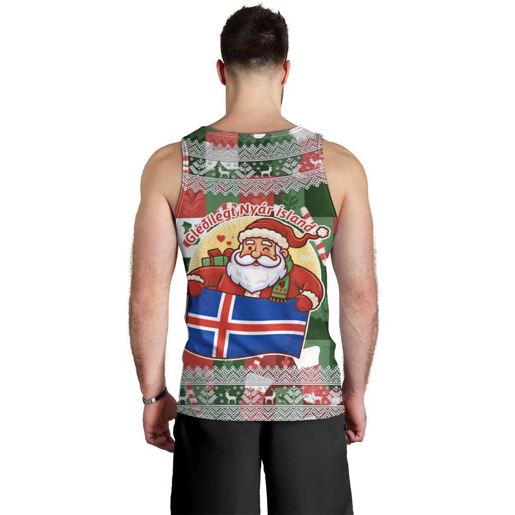 Iceland Christmas Men Tank Top with Green & Red Candy Cane Pattern Santa Claus and National Flag Motif - Wonder Print Shop