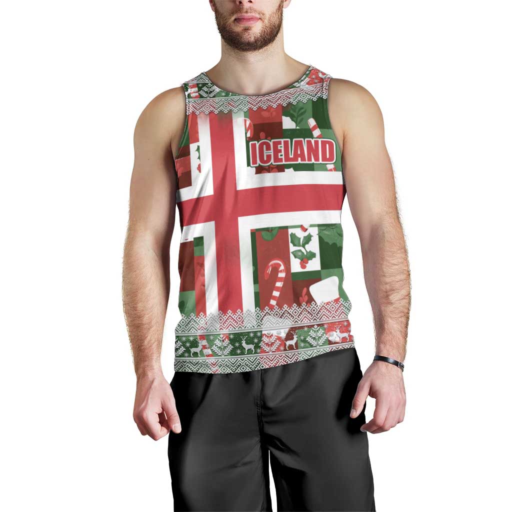Iceland Christmas Men Tank Top with Green & Red Candy Cane Pattern Santa Claus and National Flag Motif - Wonder Print Shop