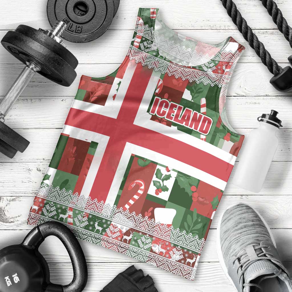 Iceland Christmas Men Tank Top with Green & Red Candy Cane Pattern Santa Claus and National Flag Motif - Wonder Print Shop