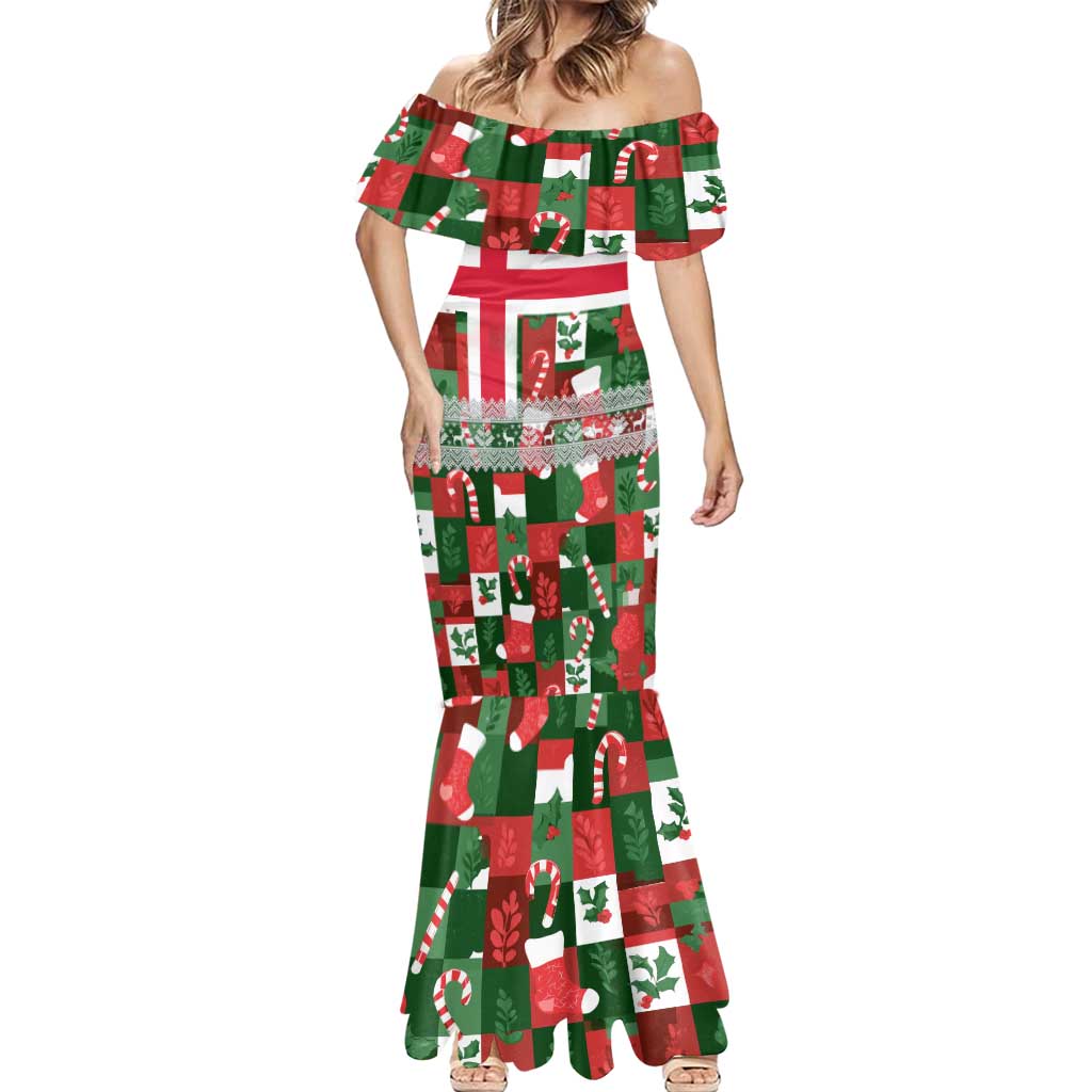 Iceland Christmas Mermaid Dress with Green & Red Candy Cane Pattern Santa Claus and National Flag Motif - Wonder Print Shop