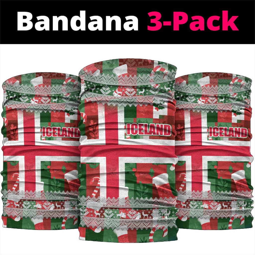 Iceland Christmas Neck Gaiter with Green & Red Candy Cane Pattern Santa Claus and National Flag Motif - Wonder Print Shop
