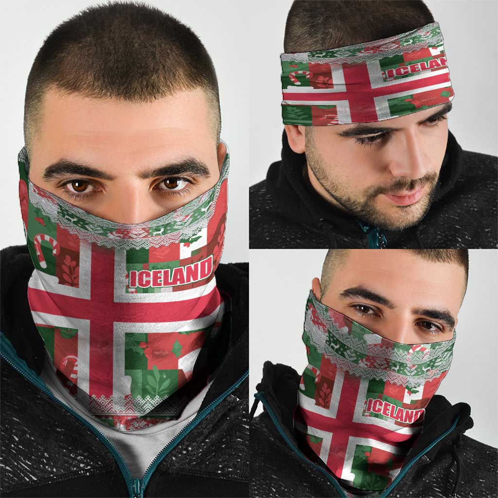 Iceland Christmas Neck Gaiter with Green & Red Candy Cane Pattern Santa Claus and National Flag Motif - Wonder Print Shop