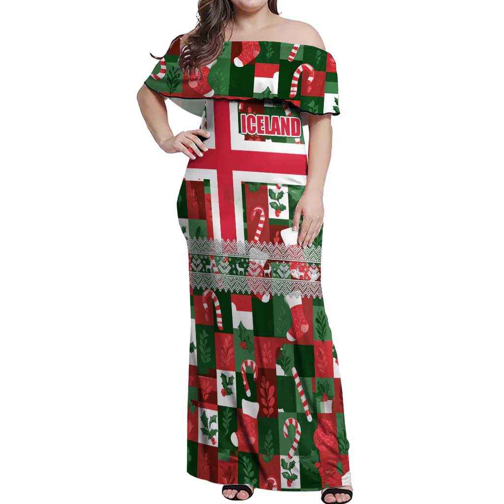Iceland Christmas Off Shoulder Maxi Dress with Green & Red Candy Cane Pattern Santa Claus and National Flag Motif - Wonder Print Shop