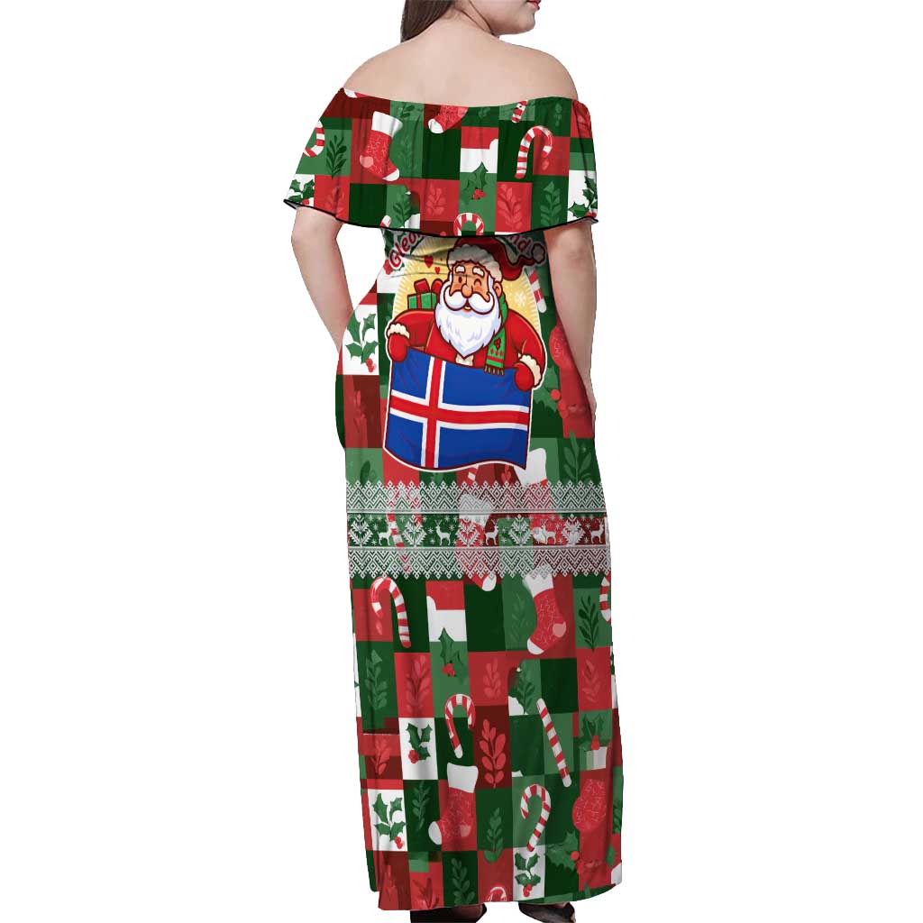 Iceland Christmas Off Shoulder Maxi Dress with Green & Red Candy Cane Pattern Santa Claus and National Flag Motif - Wonder Print Shop