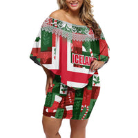 Iceland Christmas Off Shoulder Short Dress with Green & Red Candy Cane Pattern Santa Claus and National Flag Motif - Wonder Print Shop