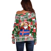 Iceland Christmas Off Shoulder Sweater with Green & Red Candy Cane Pattern Santa Claus and National Flag Motif - Wonder Print Shop
