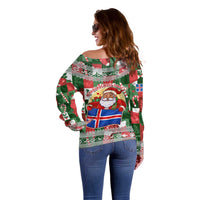 Iceland Christmas Off Shoulder Sweater with Green & Red Candy Cane Pattern Santa Claus and National Flag Motif - Wonder Print Shop