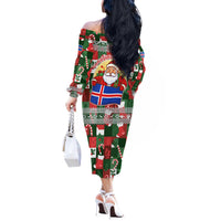 Iceland Christmas Off The Shoulder Long Sleeve Dress with Green & Red Candy Cane Pattern Santa Claus and National Flag Motif - Wonder Print Shop