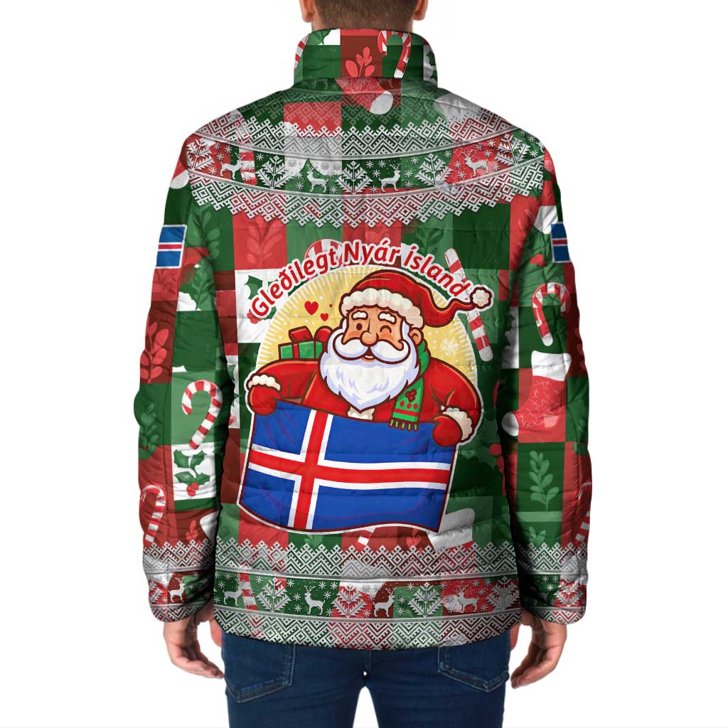 Iceland Christmas Padded Jacket with Green & Red Candy Cane Pattern Santa Claus and National Flag Motif - Wonder Print Shop