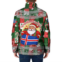 Iceland Christmas Padded Jacket with Green & Red Candy Cane Pattern Santa Claus and National Flag Motif - Wonder Print Shop