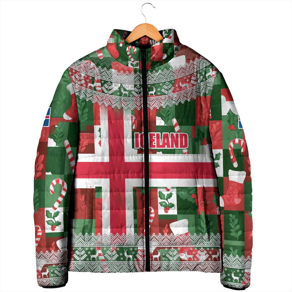 Iceland Christmas Padded Jacket with Green & Red Candy Cane Pattern Santa Claus and National Flag Motif - Wonder Print Shop