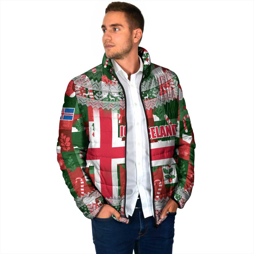 Iceland Christmas Padded Jacket with Green & Red Candy Cane Pattern Santa Claus and National Flag Motif - Wonder Print Shop