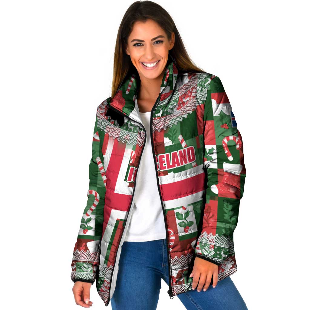 Iceland Christmas Padded Jacket with Green & Red Candy Cane Pattern Santa Claus and National Flag Motif - Wonder Print Shop