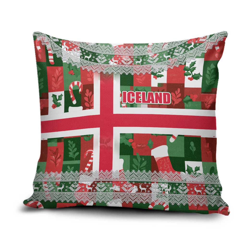 Iceland Christmas Pillow Cover with Green & Red Candy Cane Pattern Santa Claus and National Flag Motif - Wonder Print Shop