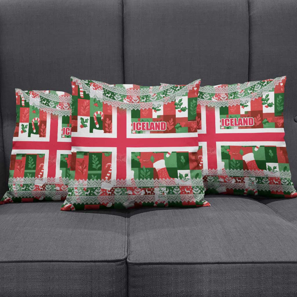 Iceland Christmas Pillow Cover with Green & Red Candy Cane Pattern Santa Claus and National Flag Motif - Wonder Print Shop