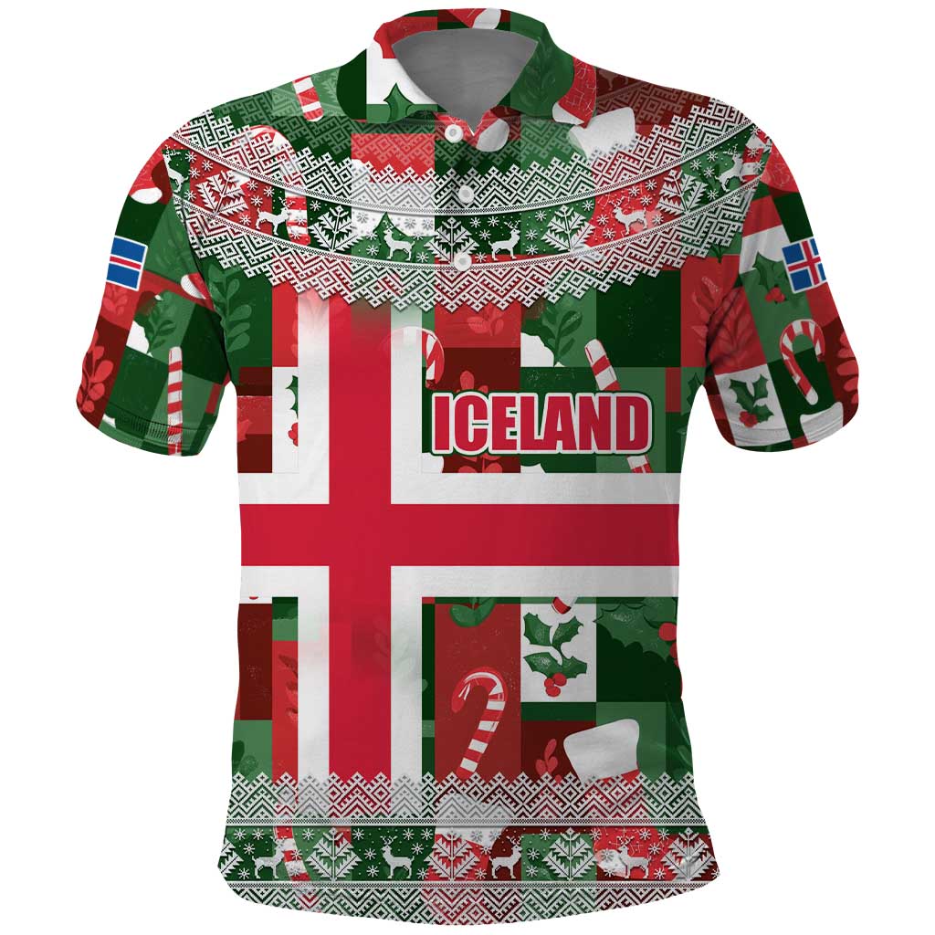 Iceland Christmas Polo Shirt with Green & Red Candy Cane Pattern Santa Claus and National Flag Motif - Wonder Print Shop