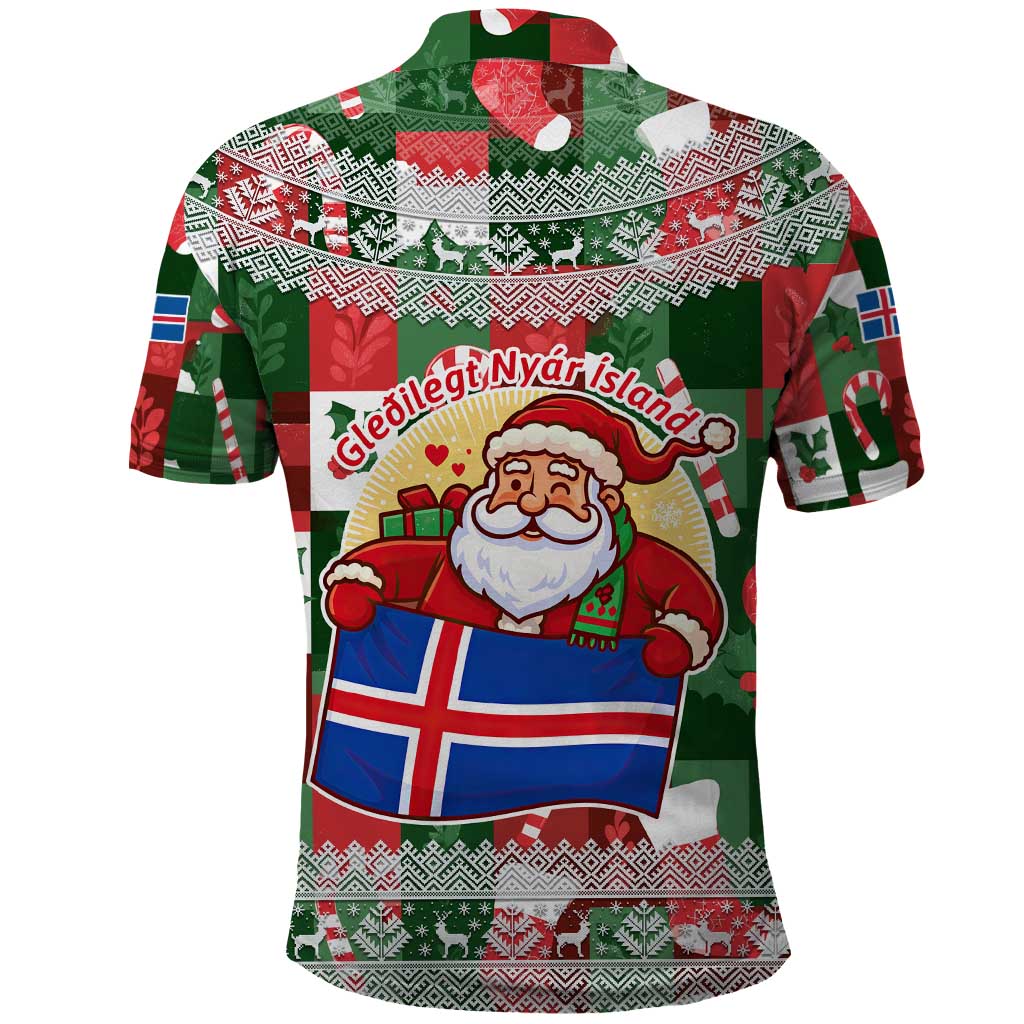 Iceland Christmas Polo Shirt with Green & Red Candy Cane Pattern Santa Claus and National Flag Motif - Wonder Print Shop
