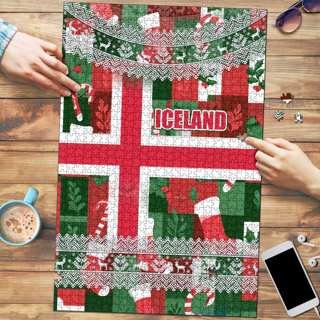 Iceland Christmas Puzzle with Green & Red Candy Cane Pattern Santa Claus and National Flag Motif - Wonder Print Shop