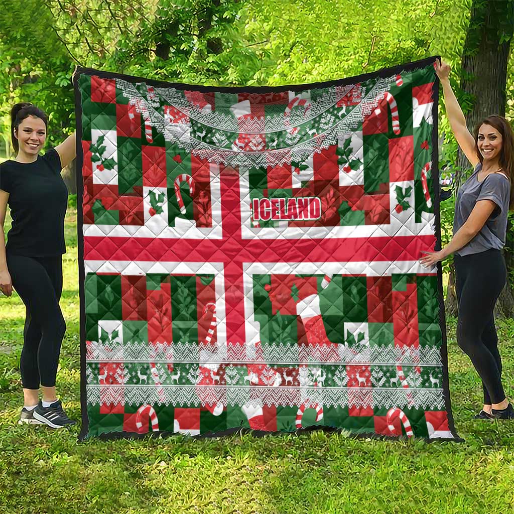 Iceland Christmas Quilt with Green & Red Candy Cane Pattern Santa Claus and National Flag Motif - Wonder Print Shop