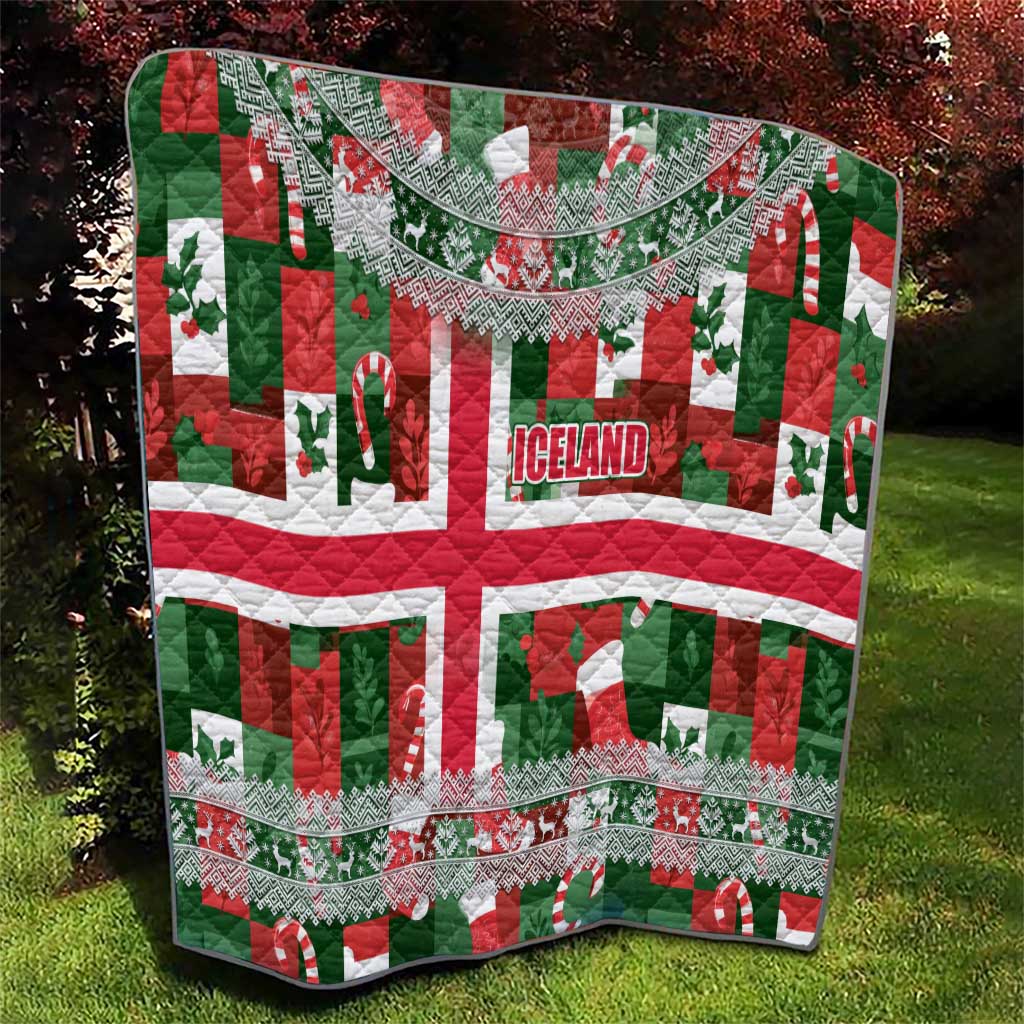 Iceland Christmas Quilt with Green & Red Candy Cane Pattern Santa Claus and National Flag Motif - Wonder Print Shop