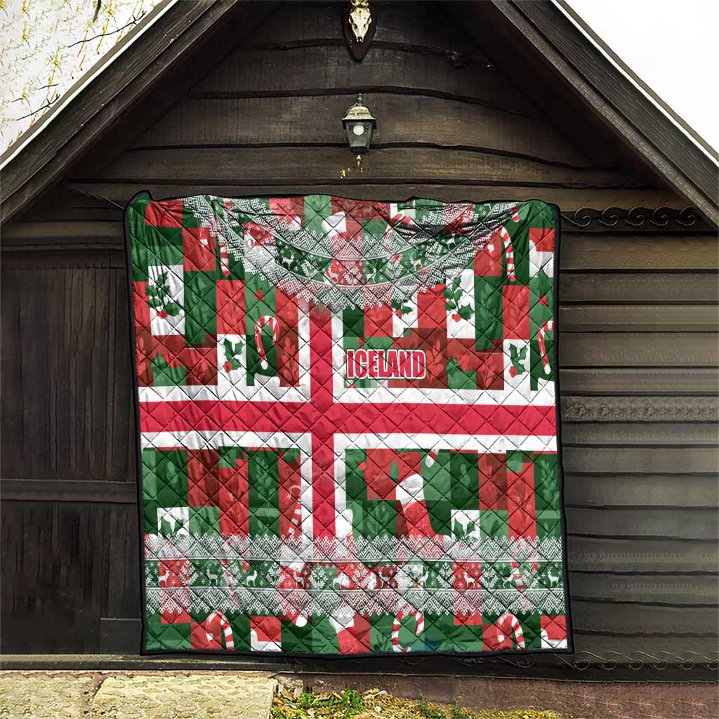 Iceland Christmas Quilt with Green & Red Candy Cane Pattern Santa Claus and National Flag Motif - Wonder Print Shop