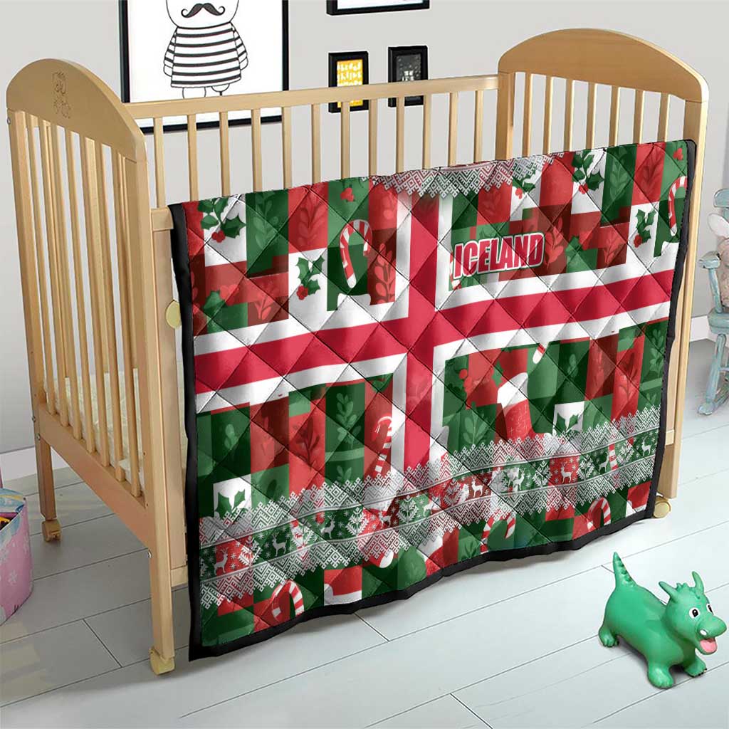 Iceland Christmas Quilt with Green & Red Candy Cane Pattern Santa Claus and National Flag Motif - Wonder Print Shop