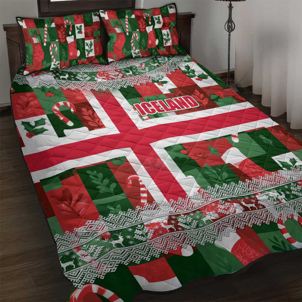 Iceland Christmas Quilt Bed Set with Green & Red Candy Cane Pattern Santa Claus and National Flag Motif - Wonder Print Shop