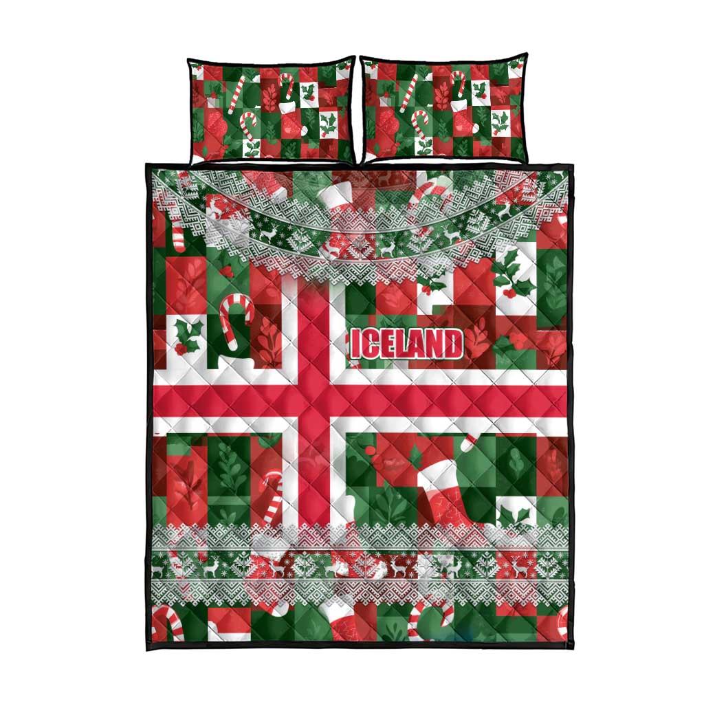 Iceland Christmas Quilt Bed Set with Green & Red Candy Cane Pattern Santa Claus and National Flag Motif - Wonder Print Shop